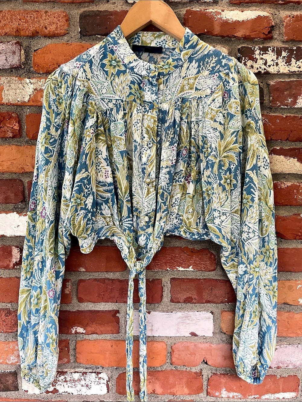 Rachel Roy Boho peasant Floral Tie Front Cropped button up Blouse Blue & Green